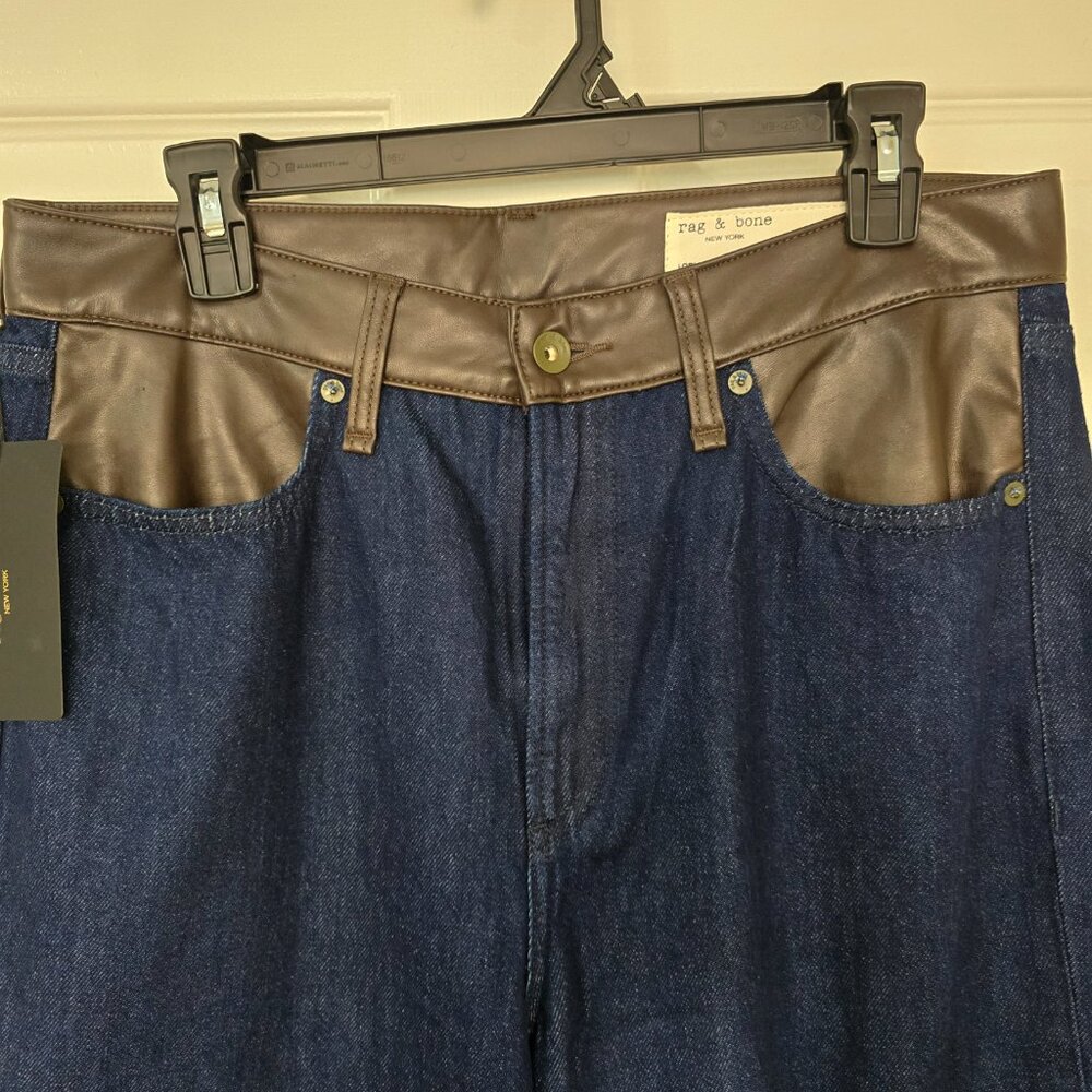 Rag & Bone Lori Mid-Rise Wide Leg Jeans Dark Rinse Faux Leather Trim Size 29 NWT - Picture 4 of 9
